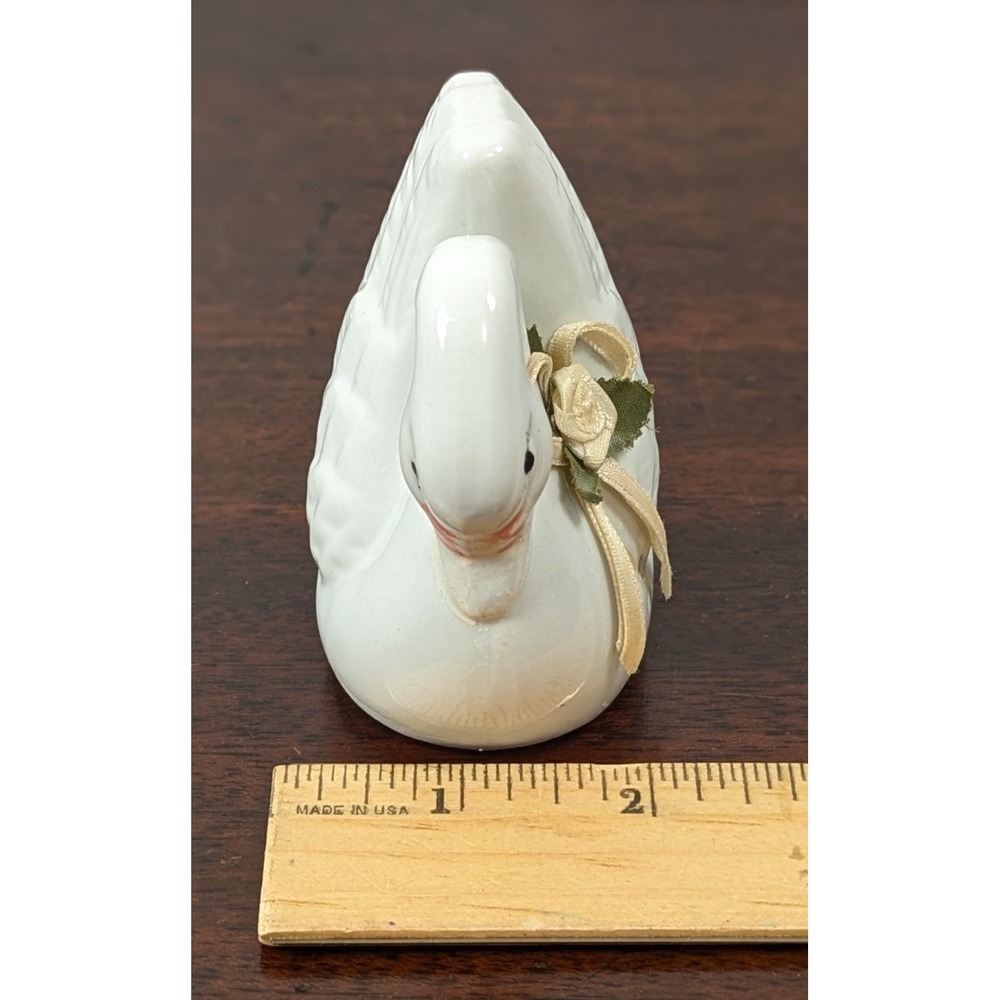 Vintage White Ceramic Swan Figurine Ribbon Rose Accent Glossy Bird 90s Decor - Picture 8 of 8